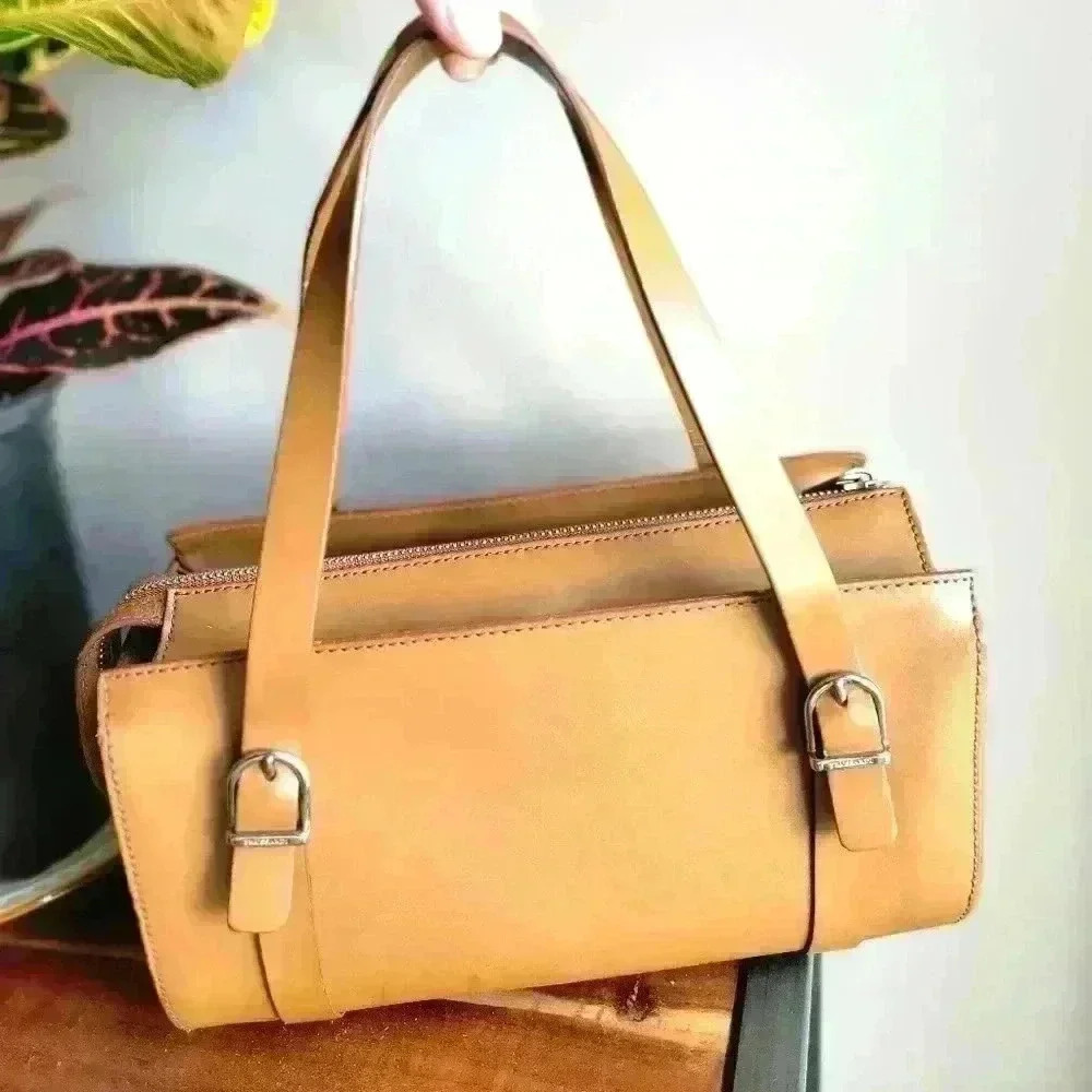 Trussardi Brown Smooth Italy Leather Small Silvertone Logo Handbag Rare Find - Picture 3 of 13